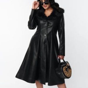 Unique Vintage Plus Size Black Vegan Leather & Fur Carrie Swing Coat - 3X/20